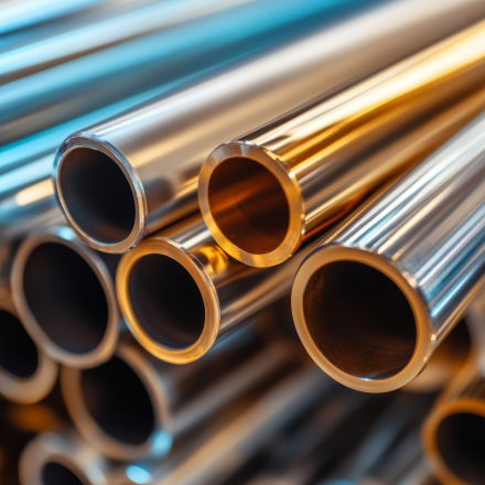 Sezione di tubi metallici lucidi impilati, con riflessi di luce che ne esaltano la superficie, in un contesto industriale.